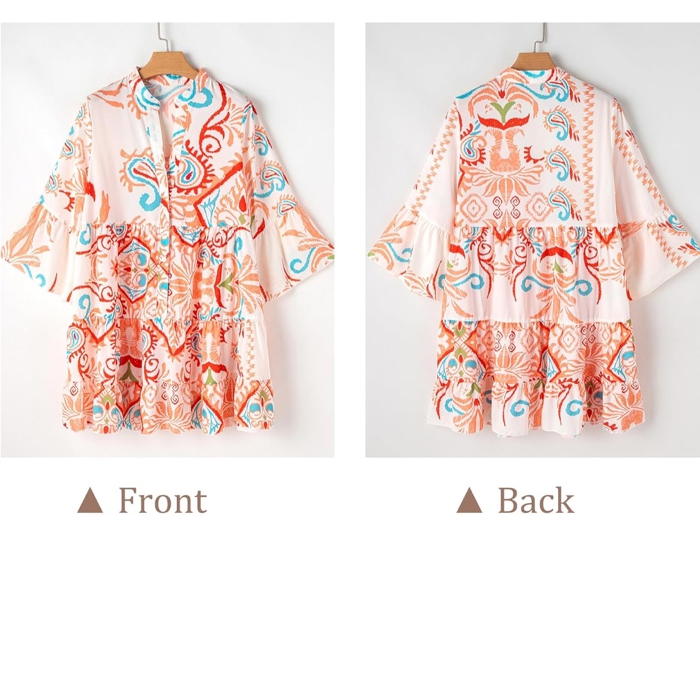 SELINK Long Sleeve Dresses Casual V Neck Tribal Print Button Flowy Mini Dress - Picture 6 of 9